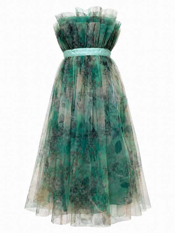 【新品DRESS 1921】花柄チュールベアトップフレアミディアムドレス グリーン【KAREN MILLEN】